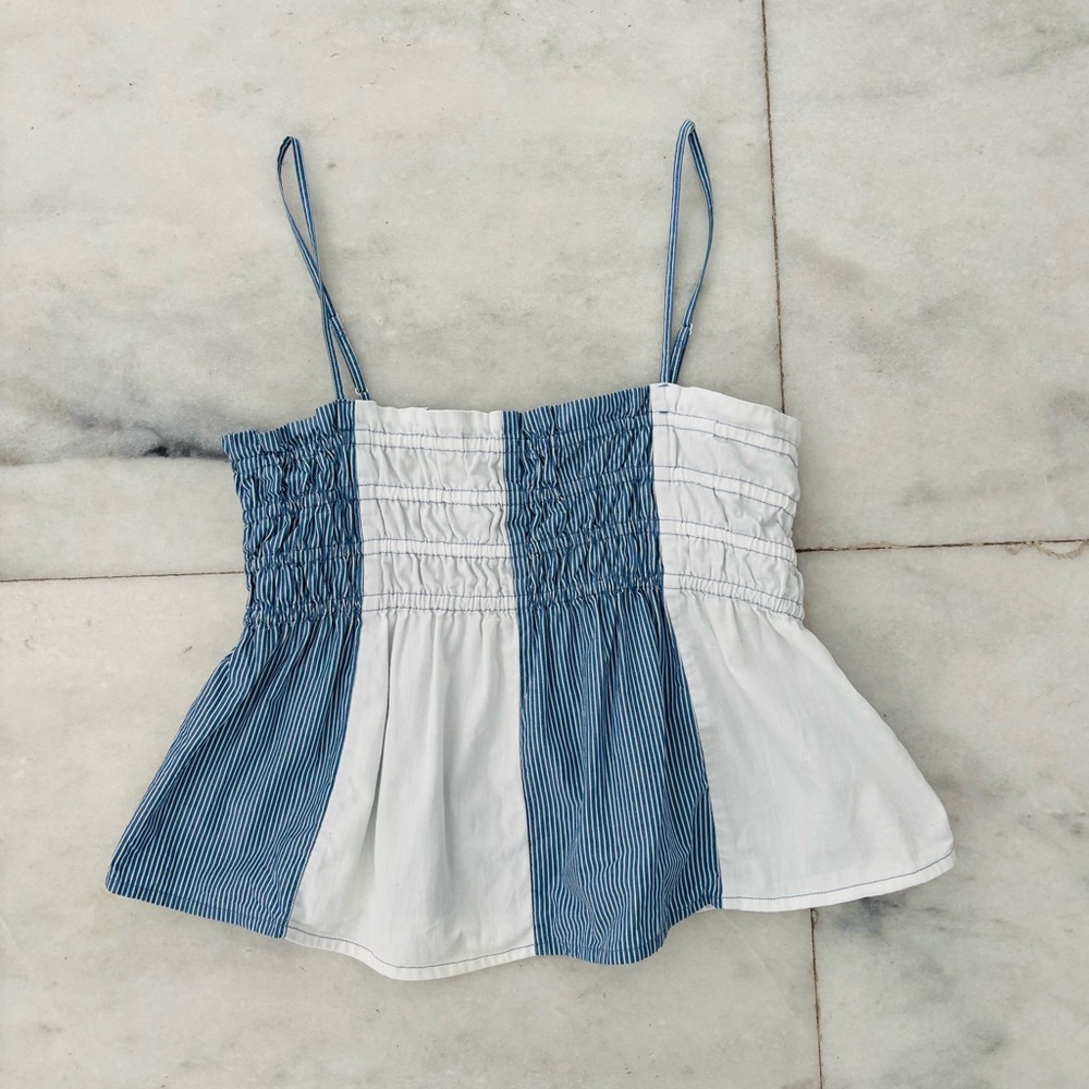 American Eagle Tank Top Smocked Blue White Stripe Cotton Women M Preppy Y2K